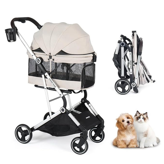 T4 PRO Pet Stroller for Small Medium Dogs, Cat Strollers for 2 Cats, 4 Wheels Folding Pet Stroller for Cats with Pad, Canopy and Cup Holder, Beige