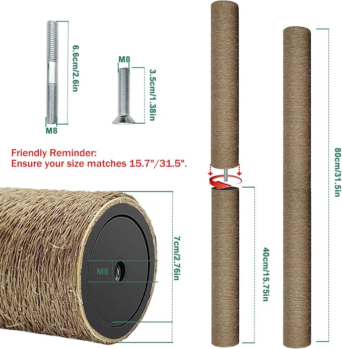 Cat Scratching Post Replacement Pole, 2 PCS 15.7in Cat Tree Replacement Post, Natural Sisal Cat Tree Replacement Parts with M8 Screws (40cm/15.71inBrown, M8*2poles)