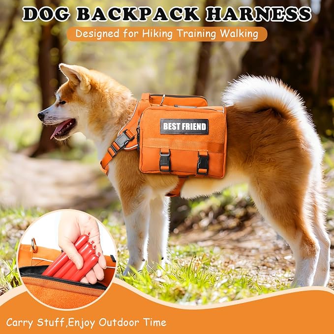 Dog Backpack Harness and Leash Set for Medium Sized Dog Orange M | Removable Side Pockets Dog Vest with Padded Handle&MOLLE,No Pull Front&Back Metal Clips for Hiking Training Walking Hunting