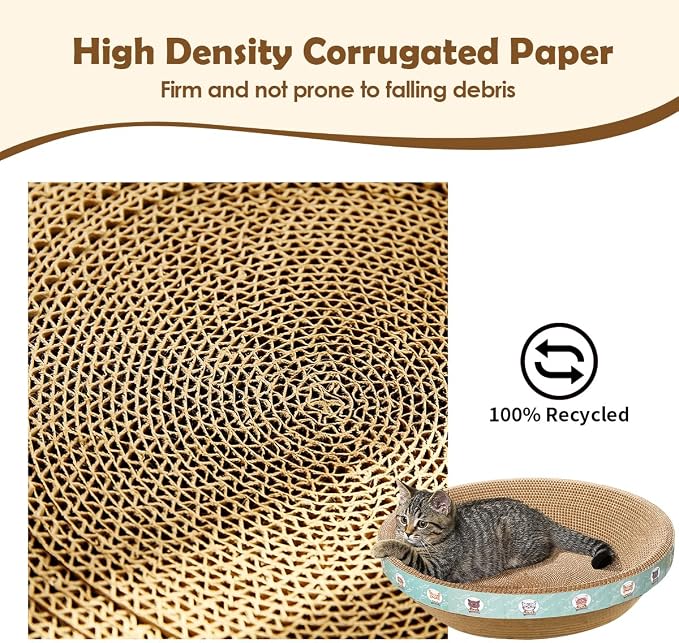Large Cat Scratcher Bed, 16.9" x 16.9" x 3.9" Cat Scratch Cardboard with 2‑in‑1 Design, Scratching Board Pad for Indoor Cats Kitty Kittens, Scratch Bowl Lounge House Couch, Furniture Protector, Round