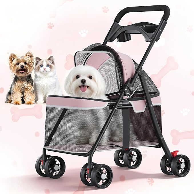 GTPLAYER Foldable Pet Stroller for Small Dogs and Cats, Holds Up to 33 lb, 4 Wheel, Full Mesh Ultra Breathable, Safety Tethers, Cup Holder & Poop Bags Included, Pink