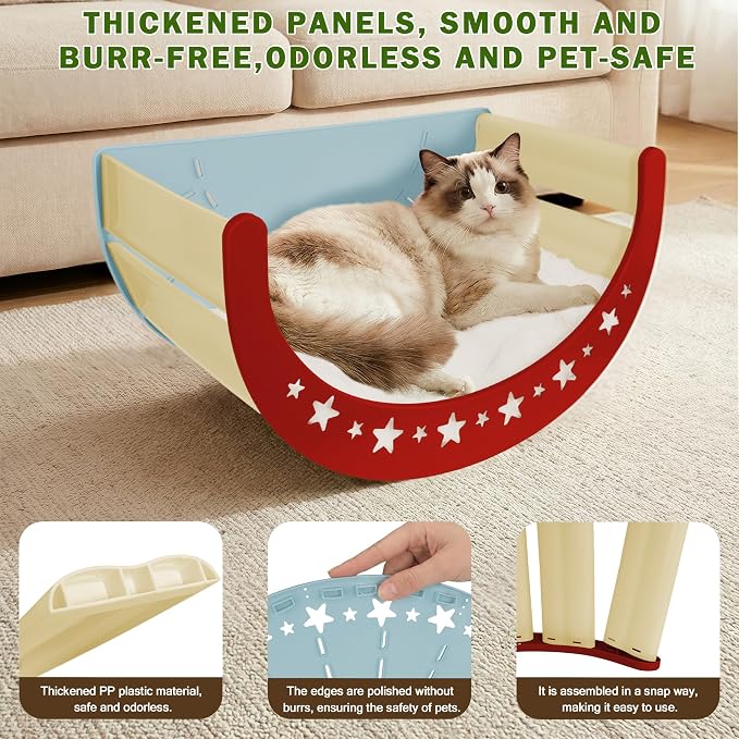 3-in-1 Crescent Elevated Cat Bed with Removable Sisal Scratcher & Soft Fleece Mat, Rocking Cat Hammock Lounge for Indoor Cats, Kittens & Small Animals, Blue