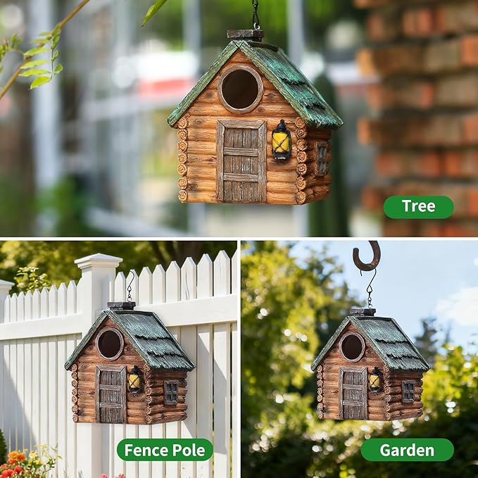 Bird Houses for Outside Real Wood-Look Resin Bird House with Hanging Chain – Waterproof & Durable Forest Birdhouses for Outdoors for Bluebird Finches Cardinals Bird Nesting Garden, Patio, Yard