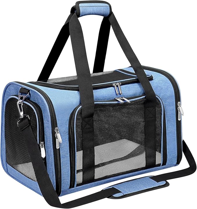 Soft-Sided Cat/Dog/Pet Carrier, Collapsible Pets Travel Carriers for Big Cats/Small Dogs with Shoulder Strap & Removable Mat, Mesh Puppy Carry Bag, Up to 25 Lbs (Blue)