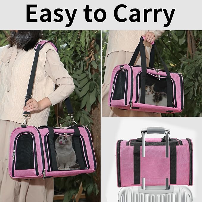 Soft-Sided Cat/Dog/Pet Carrier, Collapsible Pets Travel Carriers for Big Cats/Small Dogs with Shoulder Strap & Removable Mat, Mesh Puppy Carry Bag, Up to 25 Lbs (Pink)