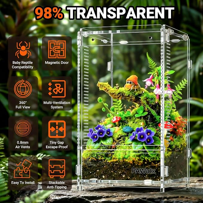Jumping Spider Enclosure, Acrylic Terrarium with with Magnetic Doors, 0.8mm Micro-Ventilation, Stackable Escape-Proof Habitat for Jumping Spiders, Tarantulas & Small Reptiles, 4.7"x4.7"x8"