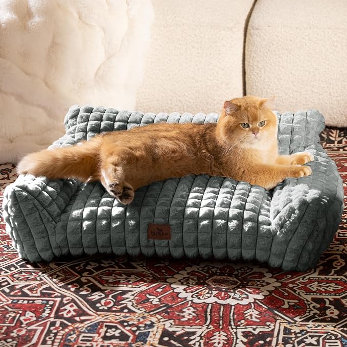 Cute Small Dog Couch Bed – Supportive & Fluffy Pet Sofa with Faux Rabbit Fur Washable Cover in 3D Diamond Pattern, 30" Grey