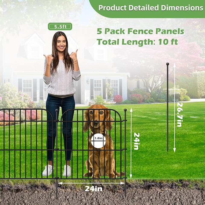 5 Panels No Dig Decorative Garden Fence for Yard, 24 in(H) x 10 ft(L) Rustproof Metal Wire Fence Border with Patio Temporary Ground Stakes, Animal Barrier Fencing for Dog and Small Pets