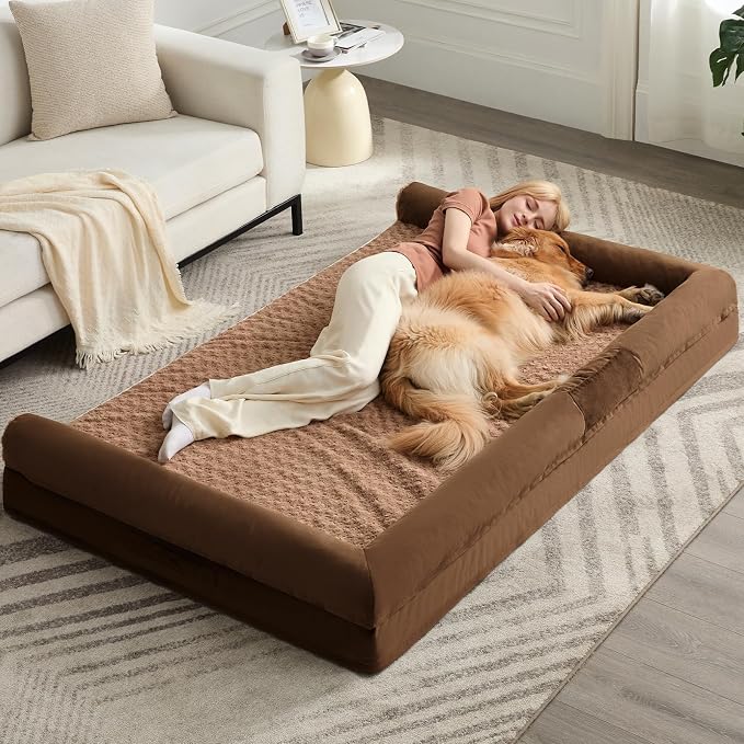 BFPETHOME Orthopedic Washable Human Dog Bed for Adult & Dog Cozy Sleep | Human Size Waterproof Big Soft Pet Couch Bed for Adult & Dogs Relax with Removable Cover Supportive Foam Brown 71x46 Inch