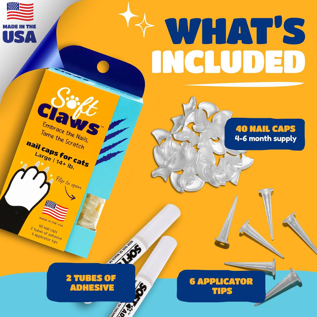 Soft Claws Nail Caps for Cats Made in USA - 40 Cat Claw Caps for 4-6 Weeks of Protection - Long-Lasting Cat Scratch Deterrent for Furniture - Holiday (Silver & Gold Sparkle), Large
