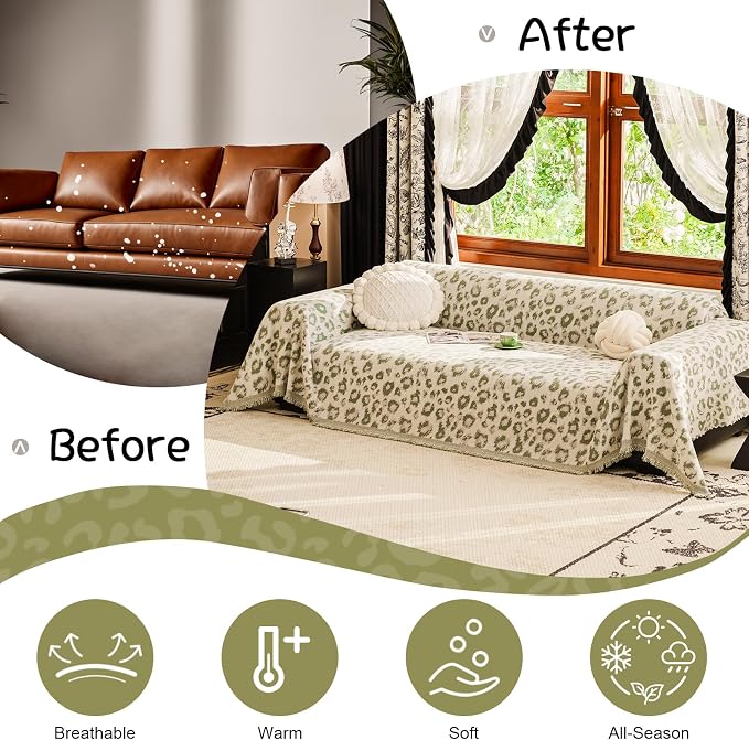 VClife Aesthetic Leopard Couch Cover for Dog, Washable Sofa Cover for Oversize Couch, Aesthetic Green Animal Theme Furniture Protector, Comfortable All Season Couch Slip Cover Futon Cover for Sofa