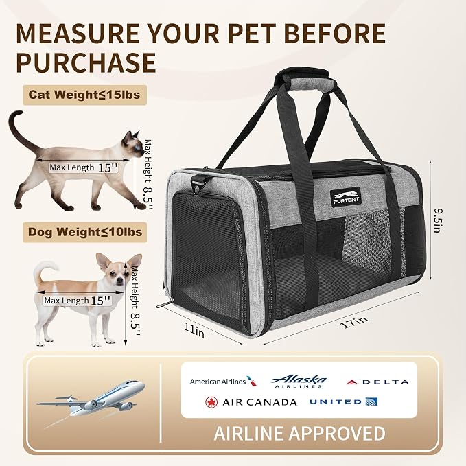 Pet Carrier Airline Approved, Soft Sided Cat Carrier for Small Pets up to 13 lbs, TSA Approved Dog Travel Bag, Portable Soft Sided Pet Carrier for Kittens and Puppies (Gray, Travel Litter Box)
