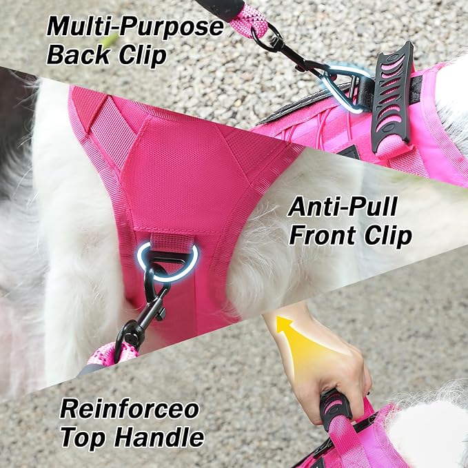 No Pull Tactical Dog Harness for Large Dogs, Service Dog Vest, L, Pink | Tactical Dog Vest Harness and Leash Set, Adjustable Military Service Dog Harness with Handle for Medium Large Dogs