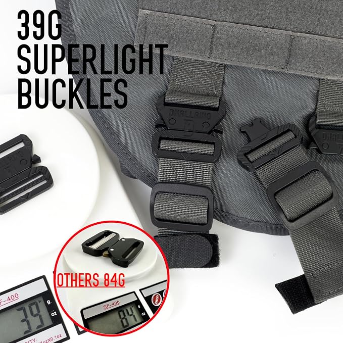 Service Dog Vest for Large Dogs, Grey Tactical Harness with Military MOLLE, Breathable Mesh & 39g Metal Buckle - Size L for Training & Hiking