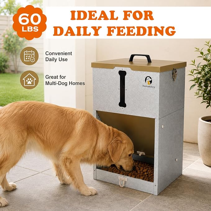 60 lb Automatic Dog Feeder Outdoor Gravity Feeder for Large Dogs | Easy food-level checks, simple latch closure, wall or fence mounting, champagne-gold finish