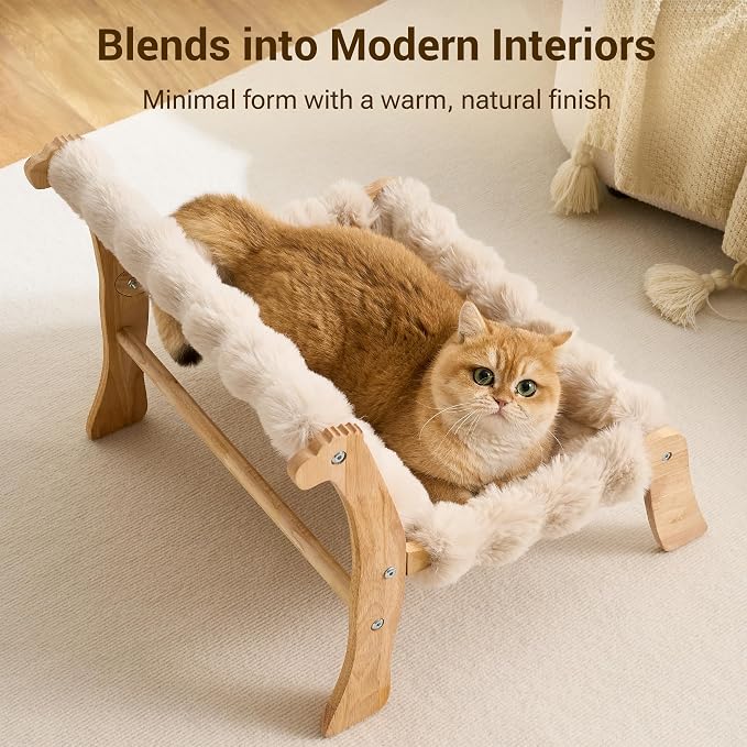 Solid Wood Cat Couch Bed for Indoor Cats, Modern Cat Sofa with Ultra-Soft Plush Surface Washable, Reclined Backrest, Elevated Plush Cat Lounge for Small to Adult Cats, Soft Khaki