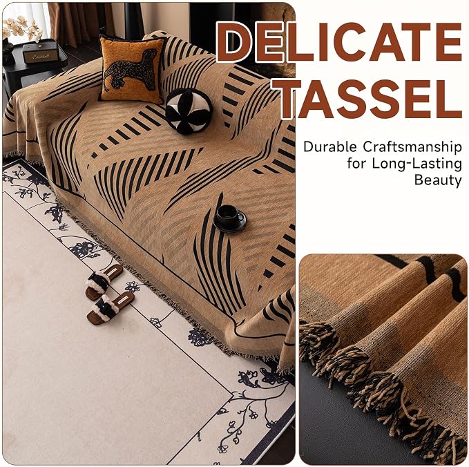 VClife Boho Couch Cover Washable Sectional Sofa Cover, Pet Couch Cover for Loveseat Versatile Coffee Black Geometry Sofa Throw Cover for L-Shape Sofa - Anti Slip Couch Sofa Cover for Dog 71"x118"
