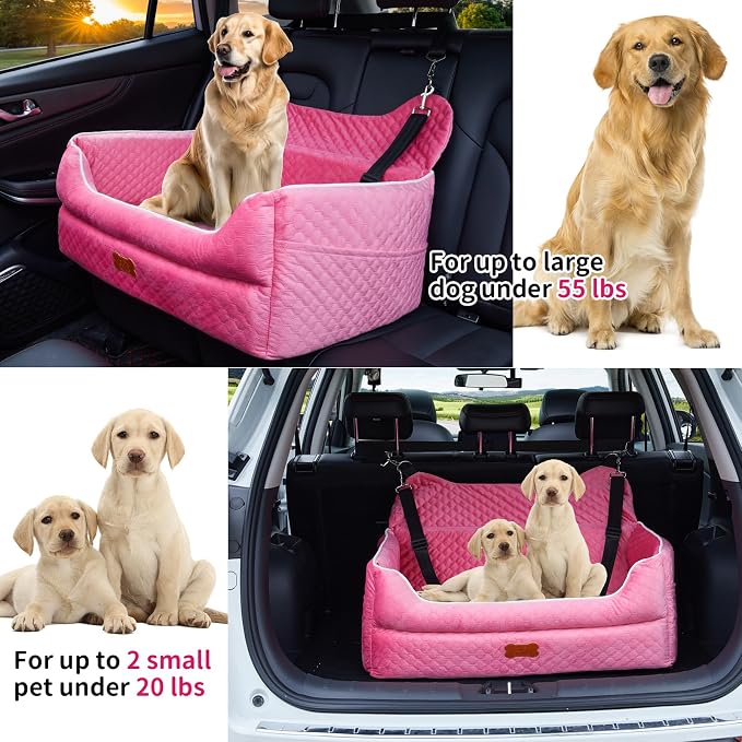 Dog Car Seat for Large/Medium Dogs - Memory Foam Dog Booster Seat for Under 55Lbs or 2 Small Dogs-Detachable and Washable Travel Bed with Thick Cushion and Storage Pockets-Pink