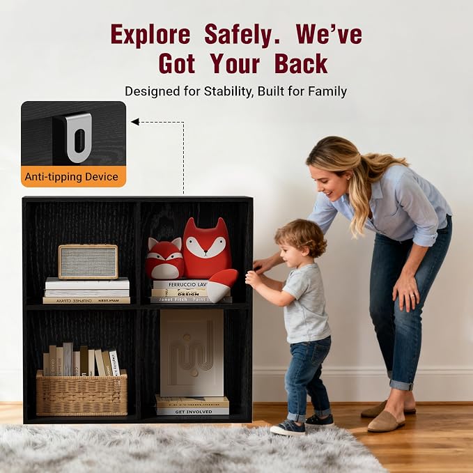 Book Shelf, Wooden Cube Storage Organizer with 11" Open Cubes, Stackable Modular Bookcase for Room Divider Storage, 2 Tier Bookshelf for Living Room, Bedroom, Office (Black, 4-Cube)