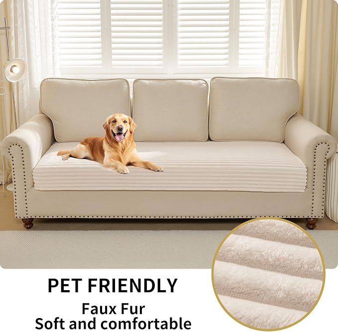 HAOMAIJIA Waterproof Couch Cover for Dogs Washable,Faux Fur Pet Couch Covers for Sofa,Soft Dog Bed Cover Non-Slip Couch Covers for 3 Cushion Couch Sofa Pet Friendly (Off White, 23" x 23" 2 Pack)