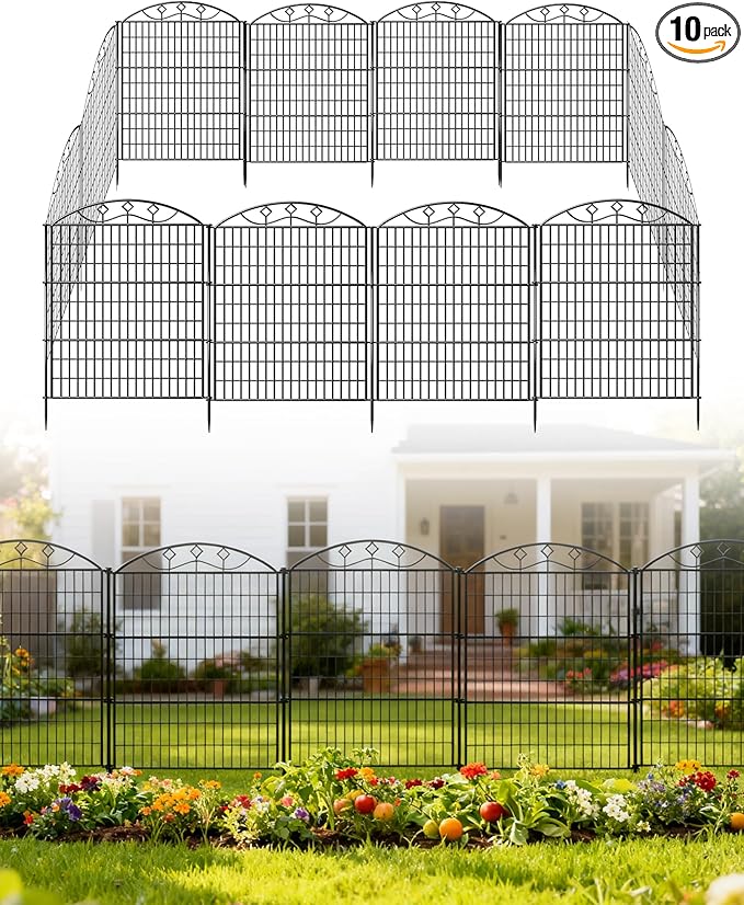 48in Extra Tall Garden Fence, 10-Panel Metal Animal Barrier, 24ft Long No Dig Temporary Fencing for Yard, Reusable Defense for Big Dogs & Privacy