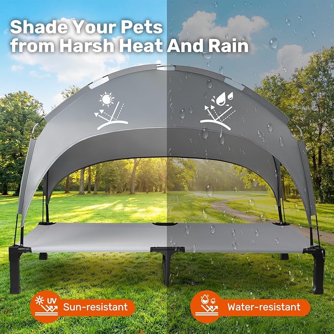 Elevated Dog Bed with Removable Canopy, Sun Protection Shade Tent Dog Cot | Portable Outdoor Dog Bed, Raised Pet Cooling Cot Bed for Dogs, 60in