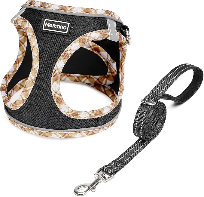 Mercano Soft Mesh Dog Harness and Leash Set, No-Chock Step-in Reflective Breathable Lightweight Easy Walk Vest Harnesses with Safety Buckle for Small Dogs, Cats (Black Yellow, M)