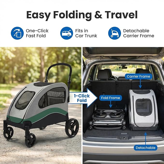 Garvee Extra Large Dog Stroller with Steel Pipe Frame, Wheels, Brakes, Shock Absorption, Foldable Design - Green