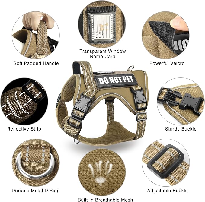 Tactical Dog Harness and Leash Set with 10 Patches for Large Dogs | Heavy Duty Adjustable No Pull Service Dog Vest for Large Dogs with Dog Seat Belt,for Training Walking Hiking Brown XL