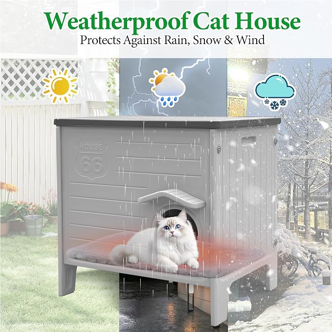Cat House Outdoor with Cat Mat Weatherproof Plastic Cats Shelter Outside | with Escape Door, Weatherproof Waterproof Cat House Indoor Outdoor
