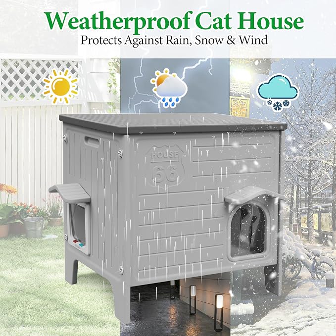 Cat House Outdoor Weatherpoof Plastic Cat Shelter Outside | with Escape Door Indoor Waterproof Feral/Pet Cat Houses for Puppy, Rabbit(Grey)