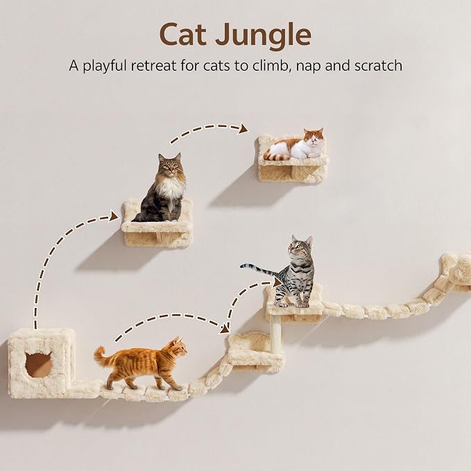 9-in-1 Cat Wall Shelves, Cat Wall Furniture Set with Bridge, Beige | Wall Mounted Cats Shelf for Space-Saving, Multi-Level Cat Climbing Systems for 16 Inch Drywall, with Scratching Posts, Condos