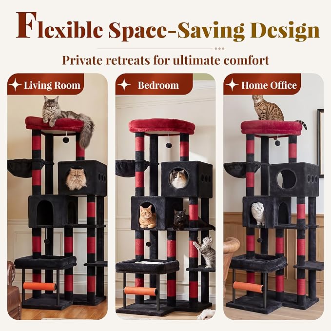 Hey-brother Cat Tree, 68.5 inch Cat Tower with L-Shaped Extended Base, Multi-Level Furniture with 2 Spacious Candos, 2 Platforms, 11 Scratching Posts, Hammock and Toy Ball,Black and Red MPJ086BR