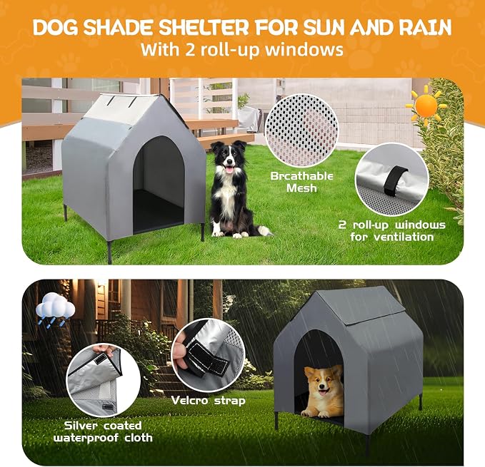 Dog House Outdoor, 2-in-1 Dog House for Small/Medium Dogs, Elevated Dog Bed with Canopy Weatherproof Puppy Shelter with Windows (Grey, 36 Inch)