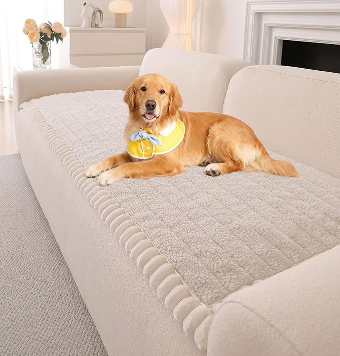 OTOB Sofa Covers for 3 Cushion Couch Washable, All Seasons Fuzzy Non Slip Kids & Pet Friendly Dog Bed Mats Couch Cover, Soft Plush Sofa Slipcovers Furniture Protector (Beige, 27.6" x 70.9'')