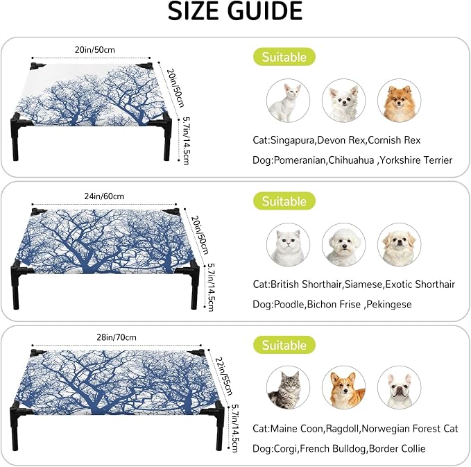 Outdoor Elevated Dog Bed for Medium Dogs, Modern Tree Branches Breathable Cooling Raised Dog Cot for Indoor/Outdoor, Contemporary Sky Blue Botanical Waterproof Elevated Pet Beds, M 24 x 20 in