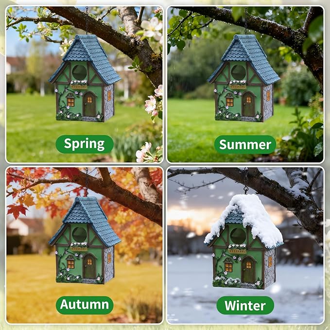 Bird Houses for Outside Cottage Garden Birdhouse –Green Resin Birdhouses for Outdoors with Flower and Stone Details for Bluebird Finches Cardinals Bird Nesting Garden, Patio, Yard