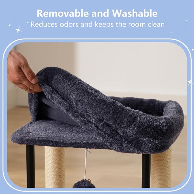 Hey-brother Cat Tree, Cat Scratching Posts with Bed, Sturdy Tower with Fully Sisal-Wrapped Columns and Plush Toy Ball for Indoor Kittens, 18.9 inches, Smoky Gray MPJ010SG