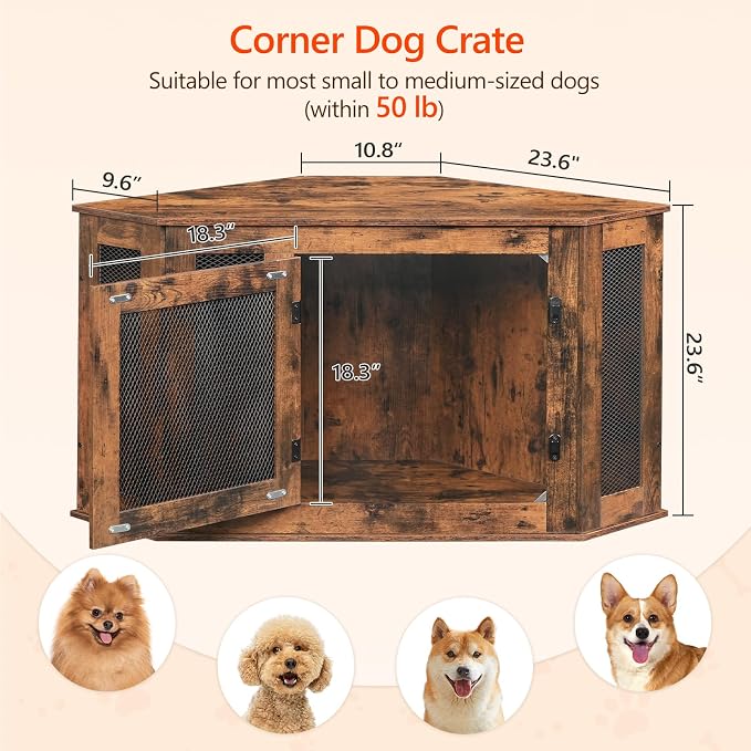 MAHANCRIS Corner Dog Crate Furniture, Wooden Dog Kennel End Table, Decorative Pet Crate Indoor Use, Furniture Style Dog House for Small Medium Dog, Dog Cage TV Stand, Rustic Brown DCRB0801