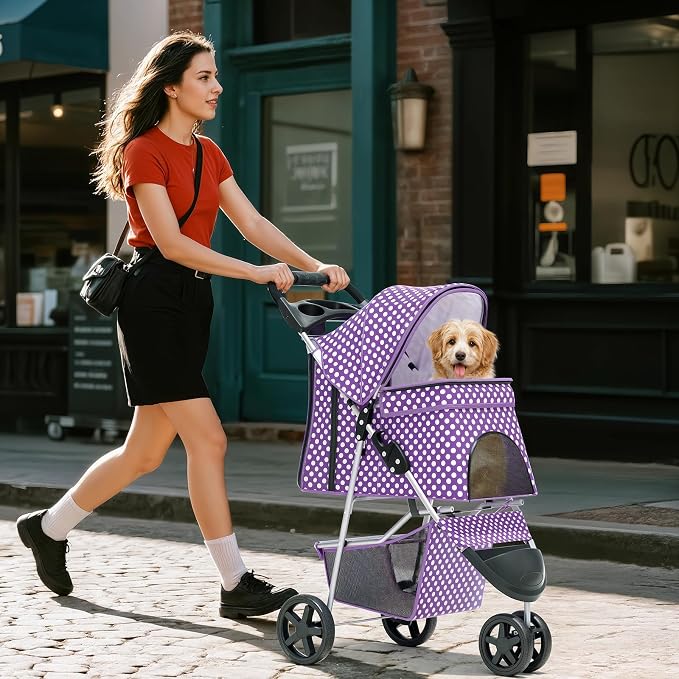 Pet Stroller for Small Dogs 10 lbs, Dog Stroller for Medium Dogs 30 lbs, Cat Strollers for 2 Cats, 3 Wheels Foldable Jogger Puppy Stroller with Storage Basket and Cup Holder, Purple Polka Dots