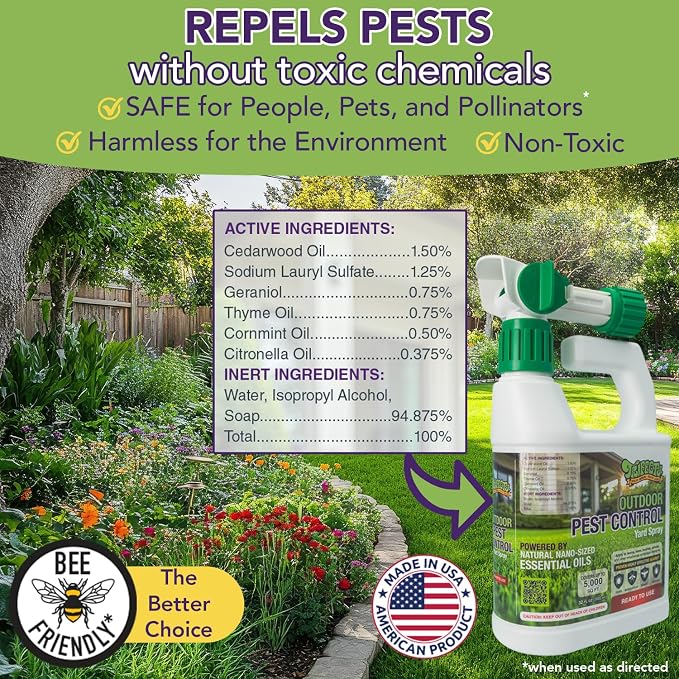 Trifecta Natural Outdoor Pest Control Yard Spray with Essential Oils | Mosquito, Ant, Flea, Tick, Gnat Killer on Contact & Repellent Treatment for Insects Bugs | Safe Around Kids & Pets | 32oz -2 Pack