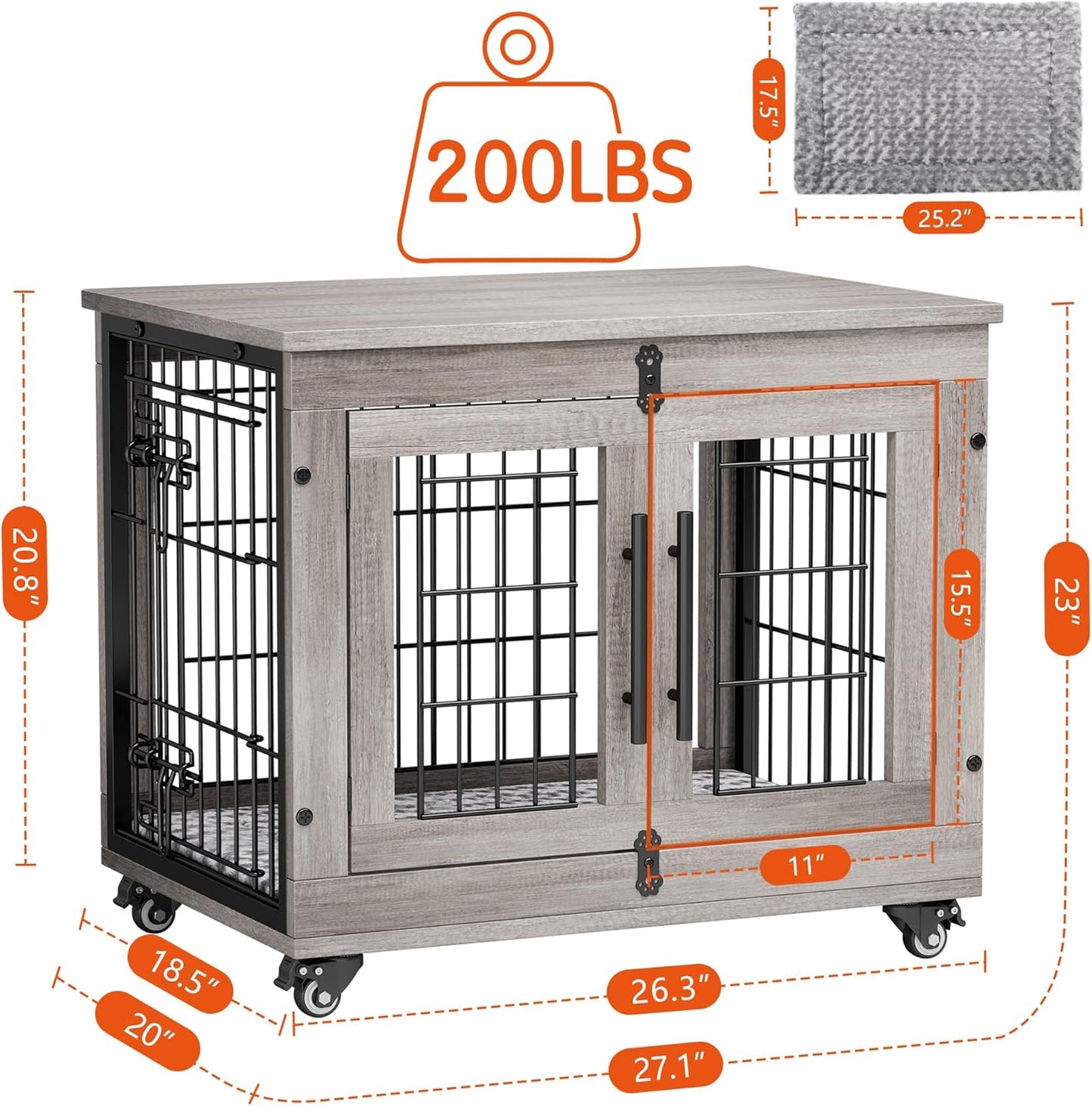 Lulive Small Dog Crate Furniture, Dog Kennel Indoor Double Doors Wooden Dog Cage, 27.1'' Heavy Duty Dog Crate with Cushion & Wheels, Decorative End Table Pet House Chew-Resistant for Small Dogs, Grey