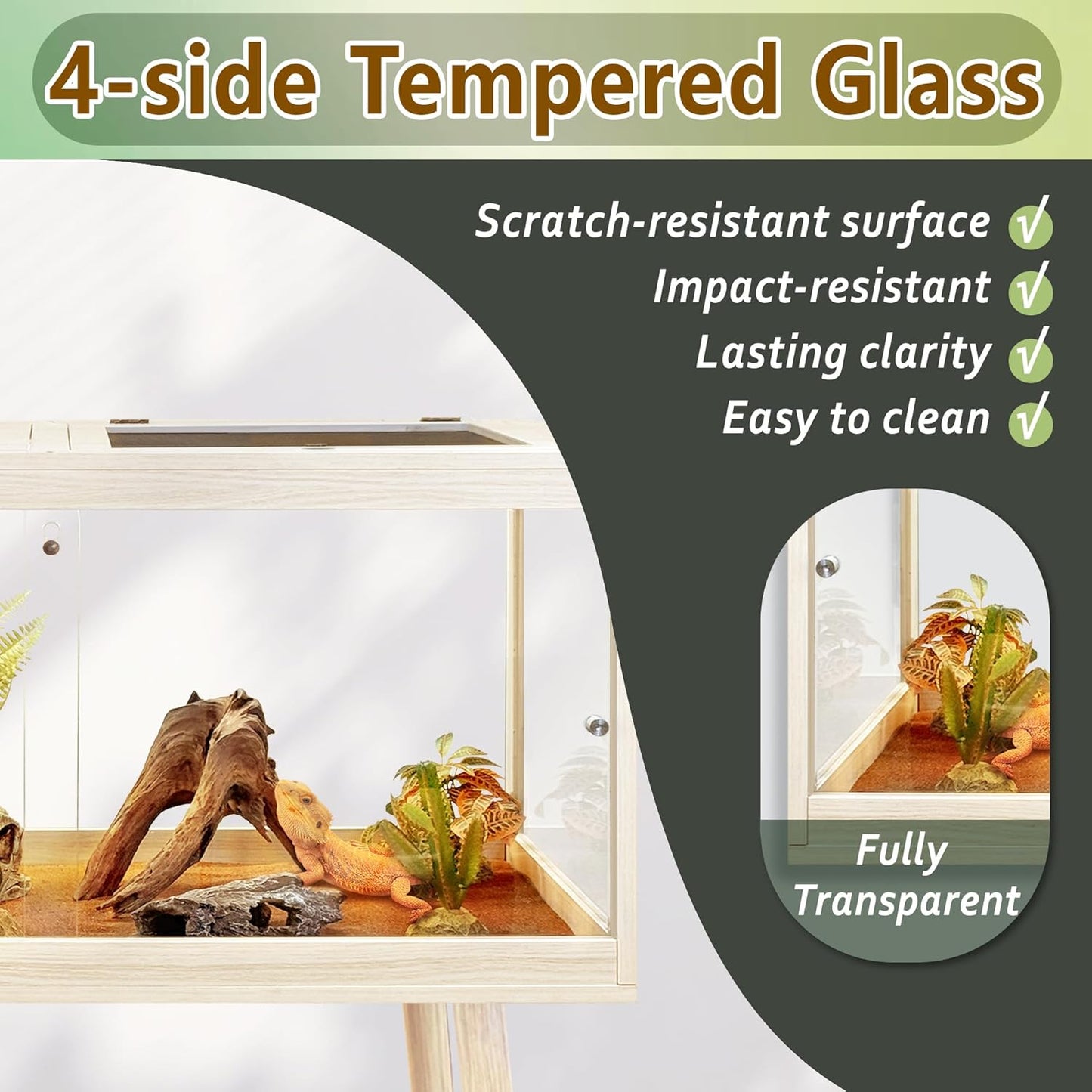 PROLEE Tempered Glass Reptile Enclosure with Leg,40“ Scratch-Proof Bearded Dragon Tank,62 Gallon Lizard Tank with Metal Mesh Tops and Lockable Door,Spacious Reptile Habitat for Snake,Lizard (Oak)