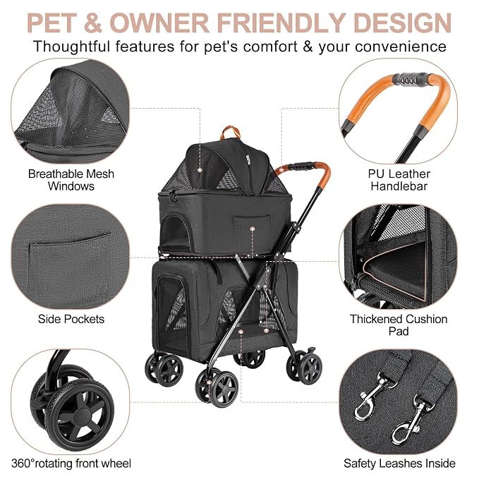 Double Pet Stroller with Detachable Carrier for Medium Small Dogs and Cats, Lightweight Dog Stroller Travel Carriage with No-Zip Canopy Storage Basket One-Click Folding and One-Foot Brake