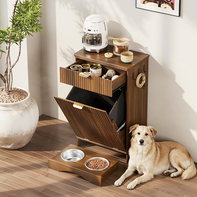 Dog Feeding Station,Dog Food Storage Cabinet,Pet Feeding Station with 2 Elevated Bowls,Hidden Pet Feeder Station with Hooks (Tilt-Out Dog Feeding Station-Walnut)