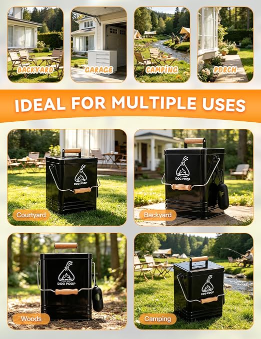 Dog Poop Trash Can Outside, Metal Pet Waste Trash Can with Lid & Handle, 5L/1.3Gal Dog Waste Station with Bag Holder & 30 Bags(Black)