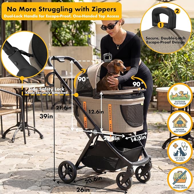PAWZIDEA 4-in-1 Pet Stroller with Detachable Carrier, Escape-Proof No-Zip Canopy, Lightweight Foldable Dog Stroller for Small Medium Dogs & Cats, Portable Travel Crate & Car Seat Combo, Storage Basket