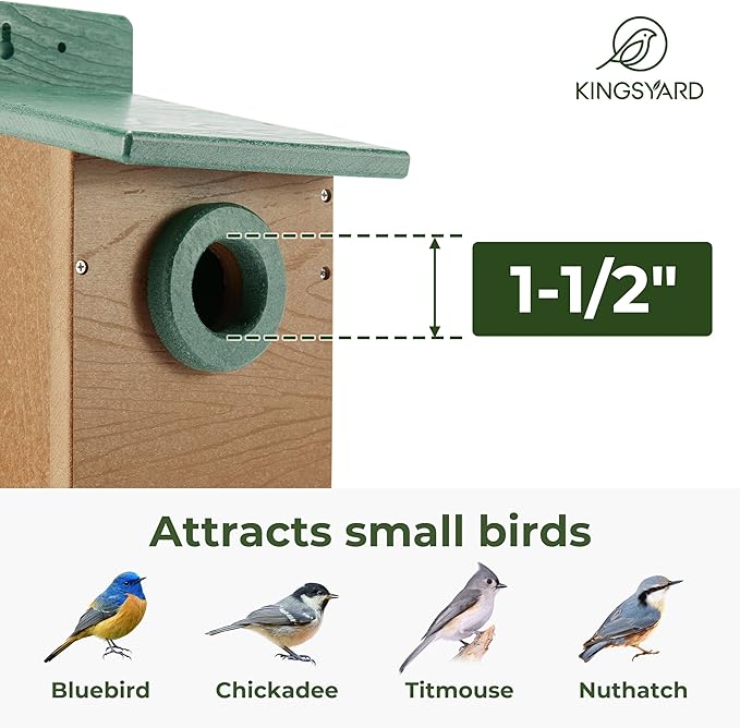 Kingsyard Recycled Plastic Bird House for Outdoor - Durable Nesting Box with Clear View Panel & Predator Guard for Bluebird Wren Swallow Finch, Green & Brown