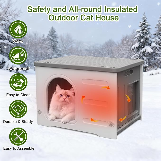 Insulated Cat House Outdoor Weatherpoof Plastic Cats Houses for Winter | with Escape Door Indoor Waterproof Feral/Pet Cat Shelter Outside for Puppy, Rabbit
