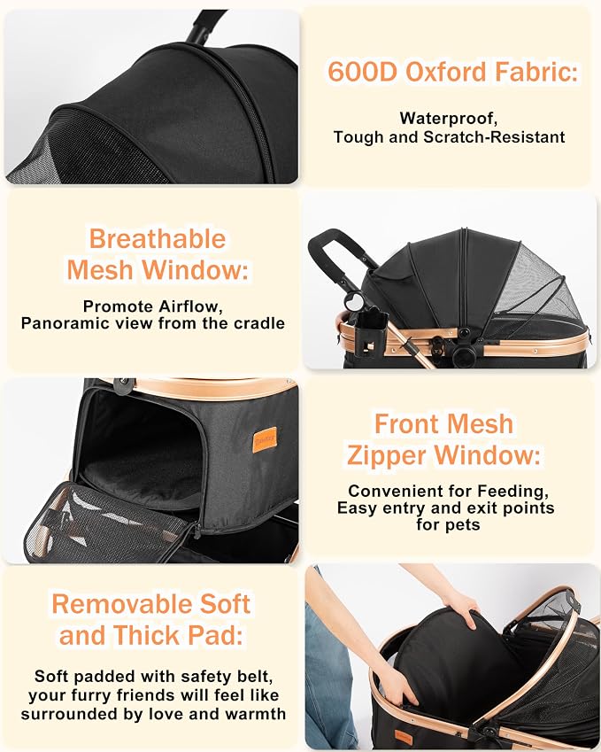 Dog Stroller for Medium Dogs Up to 52 Lbs, Cats Stroller for 2 Cats, 3 in 1 Pet Stroller with Bag Holder for Leashes, 3-Roll Poop Bags, 600D Waterproof Oxford Fiber, Adjustable Handle (Black)